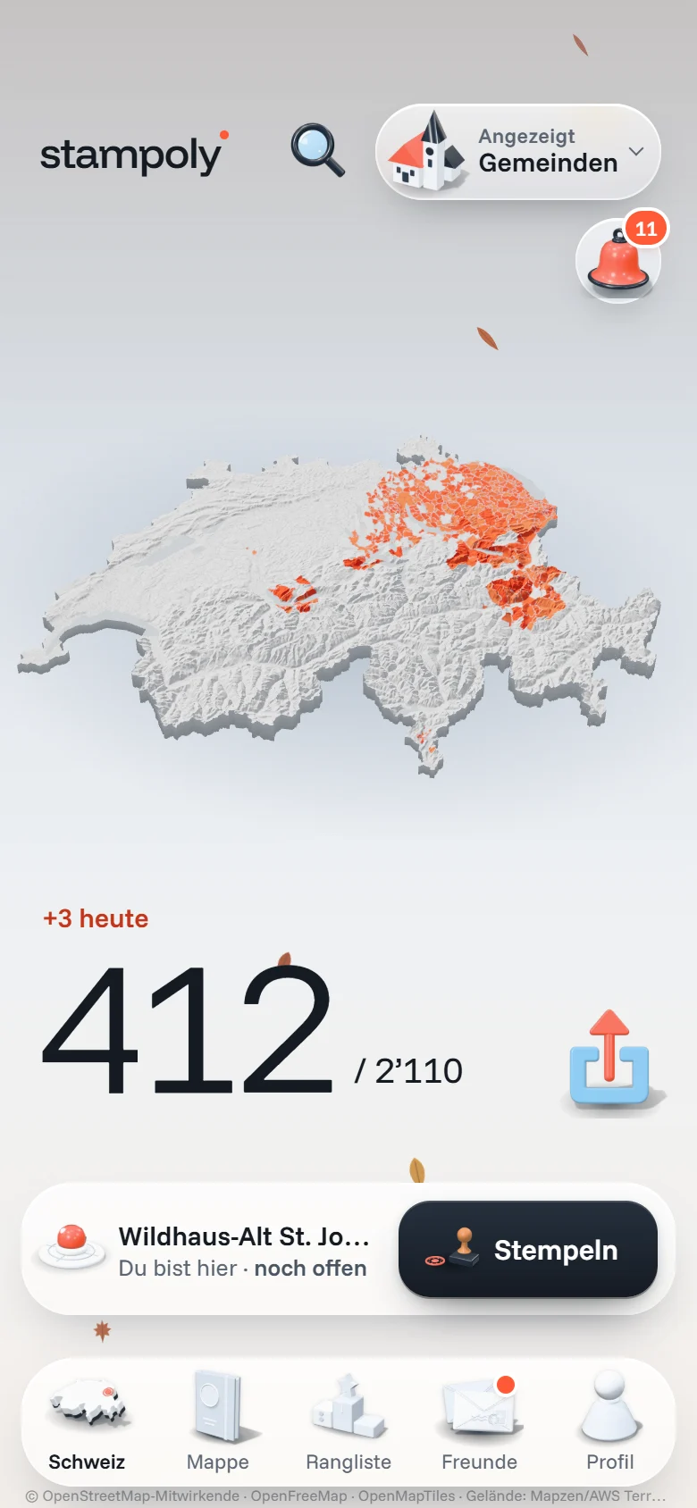Stampoly: Schweiz-Karte, 412 von 2'110 Gemeinden gestempelt